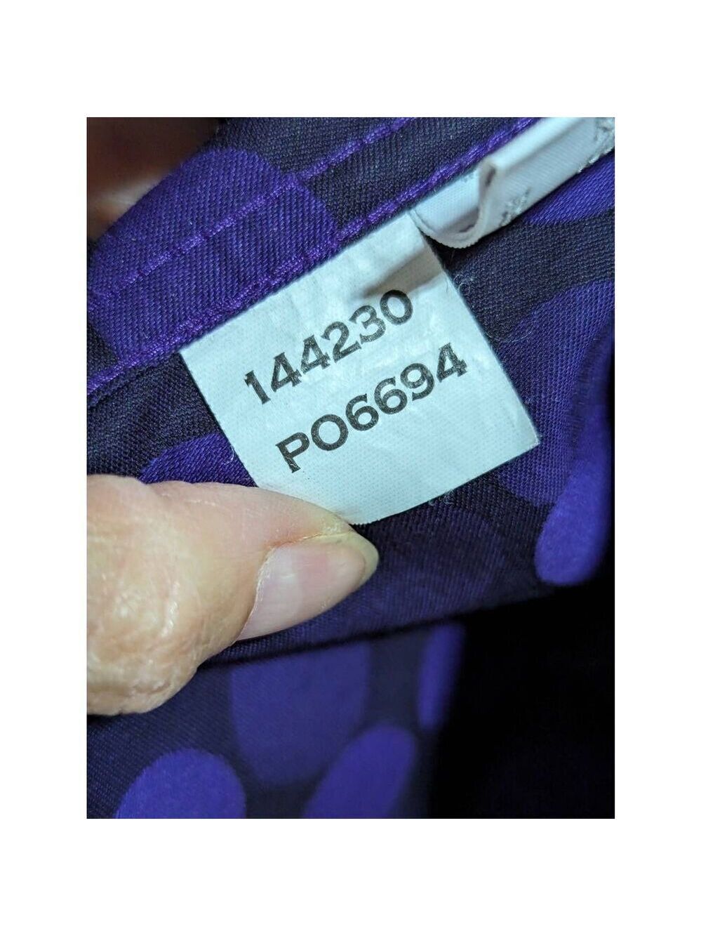 Foxcroft Women's 12 Purple Long Sleeve Button Front Blouse Black Abstract Polka - Picture 10 of 10